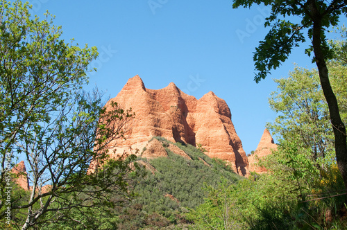 View from below of a red mountain, ancient gold mine. Las Médulas, León, Spain, Europe