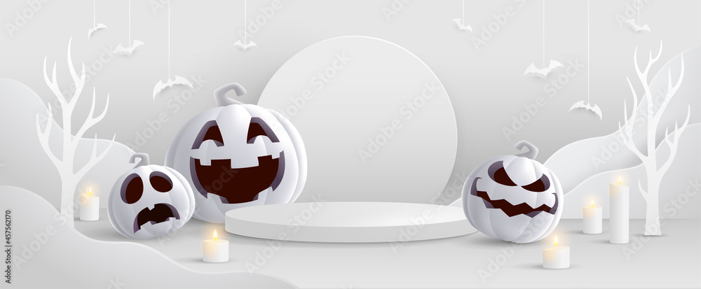 Halloween minimalist white theme product display podium on paper graphic background with group of 3D illustration Jack O lantern pumpkin and candle light.