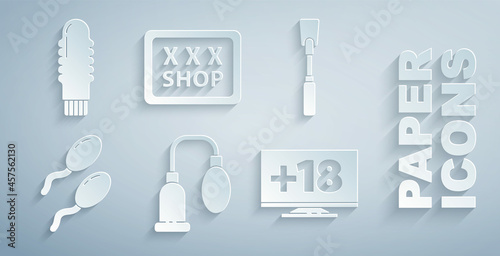 Set Penis pump, Leather whip, Sperm, Monitor with 18 plus content, Sex shop and Dildo vibrator icon. Vector