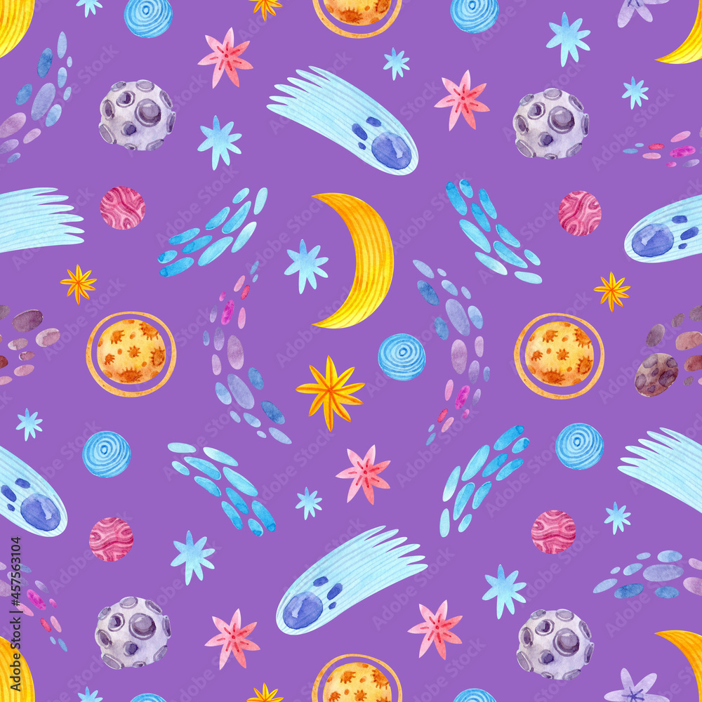 Seamless watercolor pattern with stars, moon, meteors, asteroids and planets on a purple background. Cute baby space print.