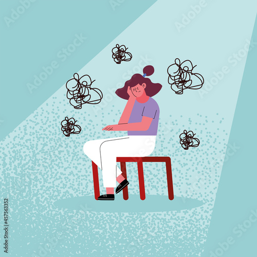 stressed woman cartoon on chair