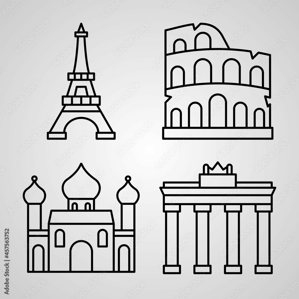 Set of Vector Line Icons of Monuments