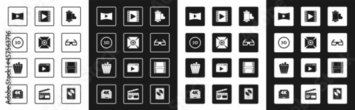 Set Camera vintage film roll cartridge, Movie spotlight, 3D word, Online play video, cinema glasses, Play Video, and Popcorn box icon. Vector