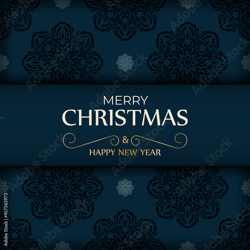 Holiday card Merry Christmas and Happy New Year in dark blue color with vintage blue ornament