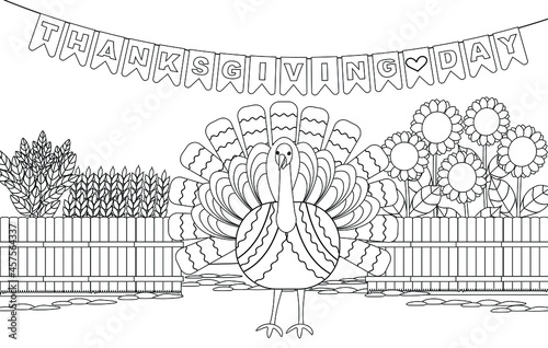 Coloring book with a turkey, a vegetable garden for Thanksgiving. Black and white vector illustration with a closed contour.