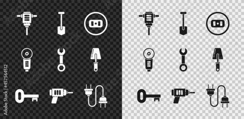 Set Electric rotary hammer drill, Shovel, Electrical outlet, Old key, machine, plug, Angle grinder and Wrench spanner icon. Vector