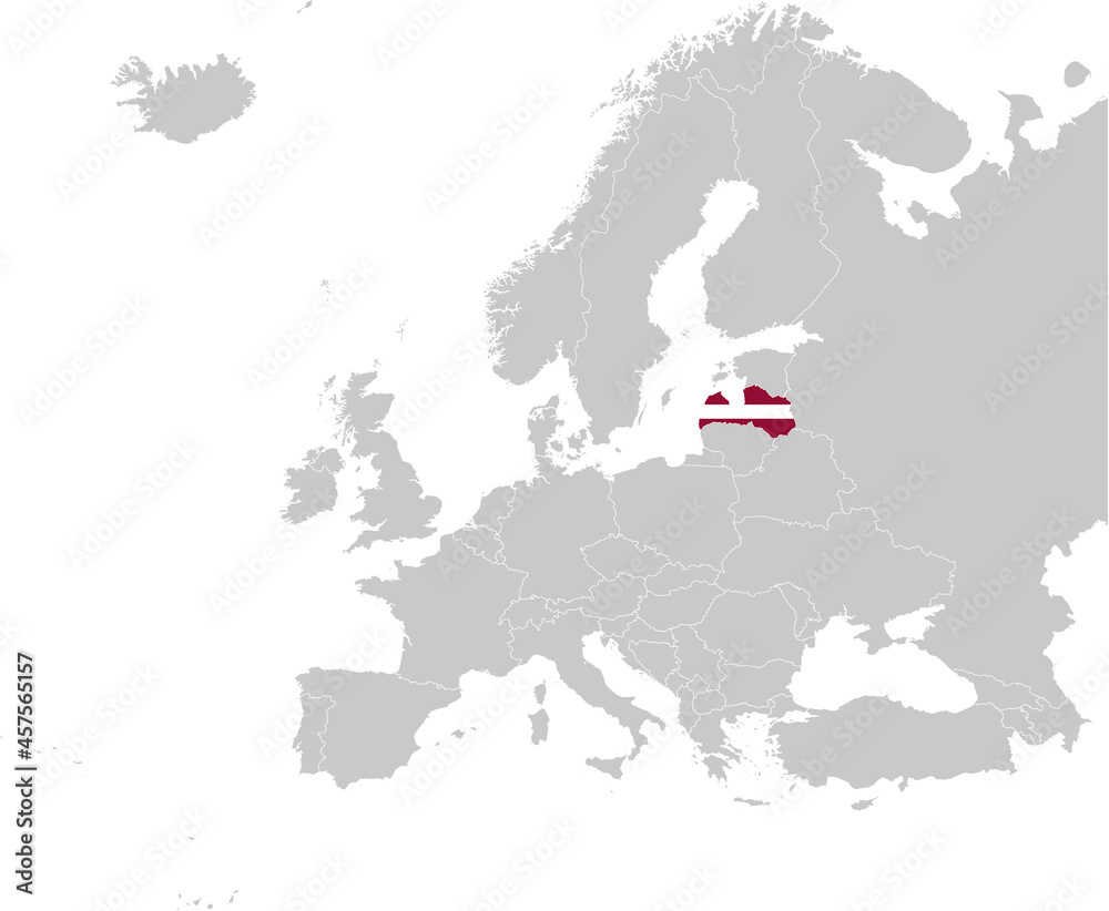 Obraz premium Map of Latvia with national flag on Gray map of Europe 