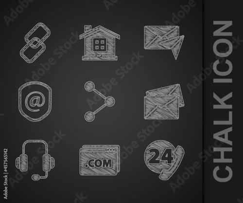 Set Share, Website template, Telephone 24 hours support, Envelope, Headphones, Shield with mail and e-mail, and Chain link icon. Vector