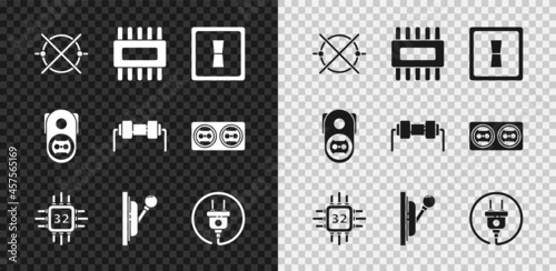 Set Electric circuit scheme, Processor with microcircuits CPU, light switch, Electrical panel, plug, outlet and Resistor electricity icon. Vector