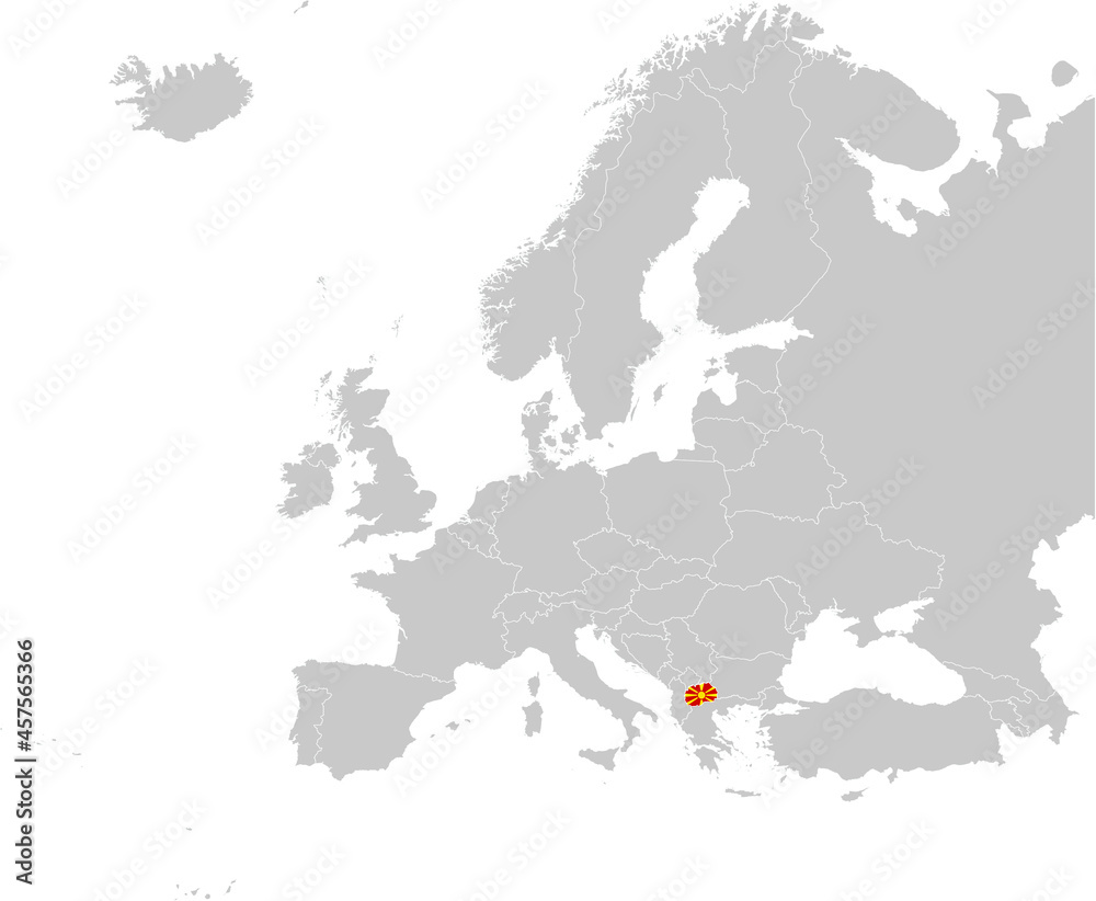 Map of North Macedonia with national flag on Gray map of Europe	
