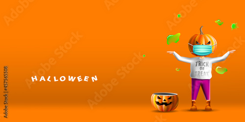 Happy Halloween greeting card design. Scarecrow with pumpkin head wearing face mask protecting from coronavirus or COVID-19