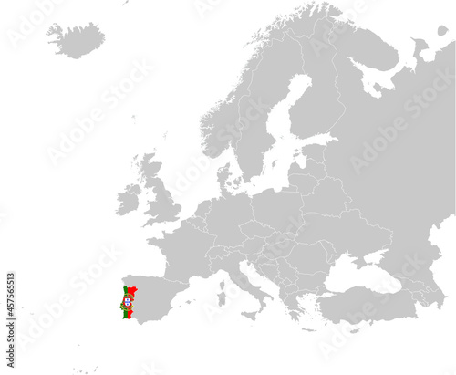Map of Portugal with national flag on Gray map of Europe 