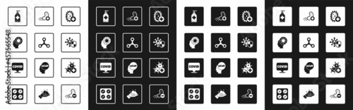 Set Positive virus, Virus, Human and, Bottle of liquid antibacterial soap, Shield protecting from, and Corona covid-19 on location icon. Vector