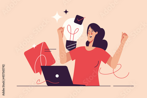 Vector illustration depicting a young woman celebrating the success. Editable stroke