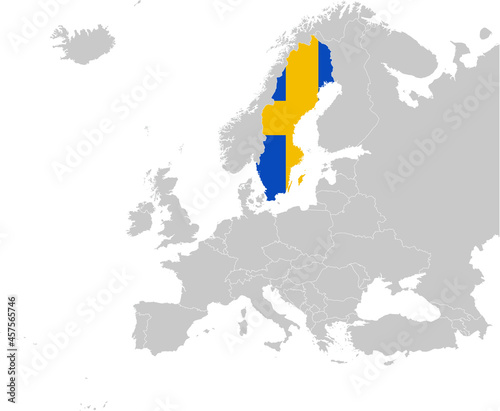 Map of Sweden with national flag on Gray map of Europe	
