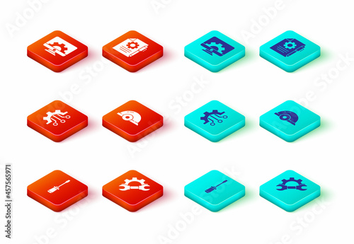 Set Screwdriver, Wrench spanner and gear, Algorithm, Worker safety helmet, Document settings pen and Computer monitor icon. Vector