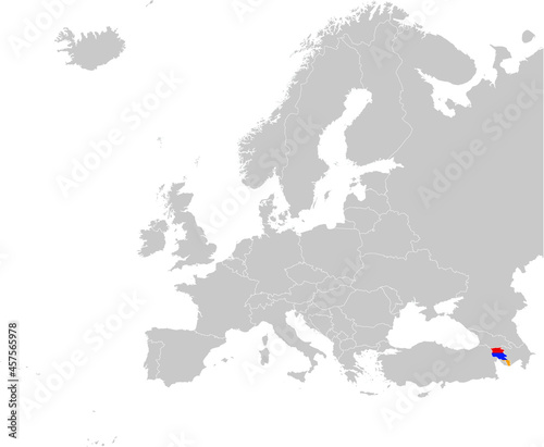 Map of Armenia with national flag on Gray map of Europe 