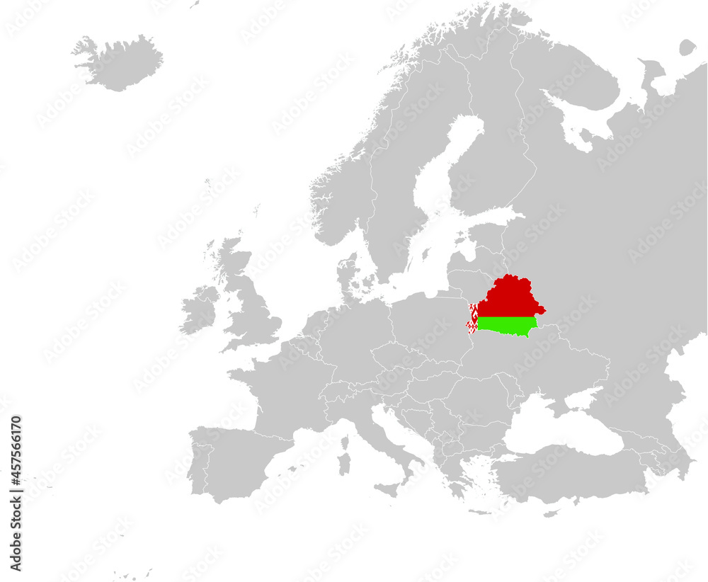 Fototapeta premium Map of Belarus with national flag on Gray map of Europe 