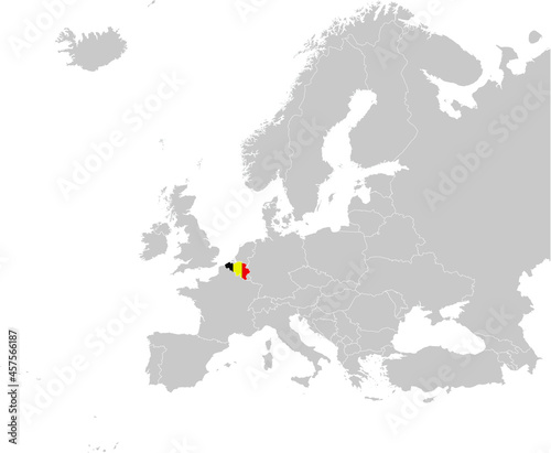 Map of Belgium with national flag on Gray map of Europe 