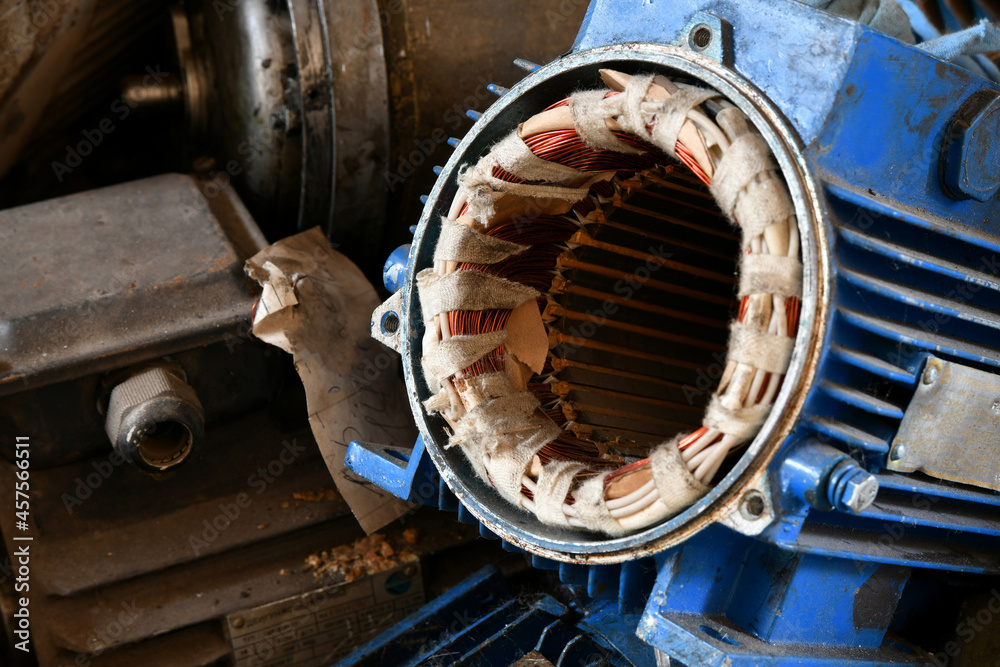 Fototapeta premium Copper braid in an electric motor housing in a warehouse for repair.