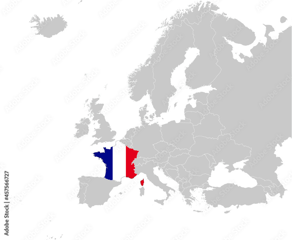 Obraz premium Map of France with national flag on Gray map of Europe 