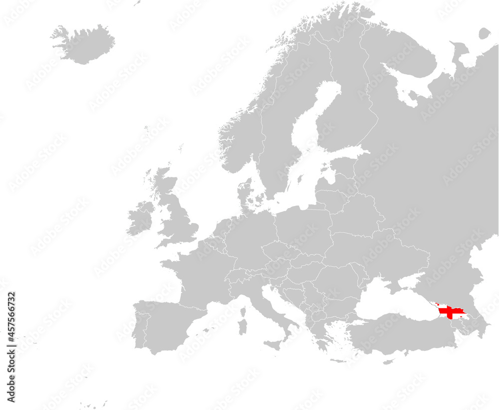 Map of Georgia with national flag on Gray map of Europe	
