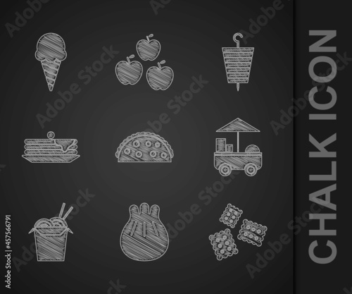 Set Taco with tortilla, Khinkali on cutting board, Cracker biscuit, Fast street food cart, Asian noodles and chopsticks, Stack of pancakes, Grilled shish kebab and Ice cream waffle cone icon. Vector