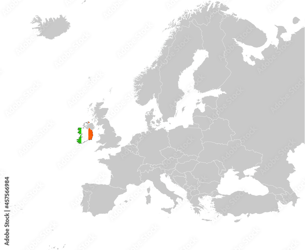 Map of Republic of Ireland with national flag on Gray map of Europe	
