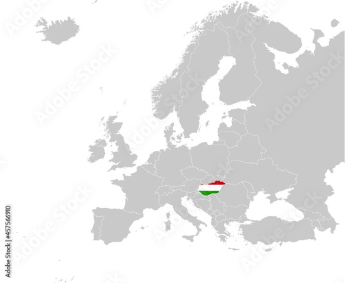 Photography Map of Hungary with national flag on Gray map of Europe