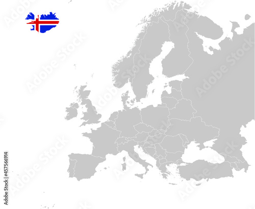 Map of Iceland with national flag on Gray map of Europe 