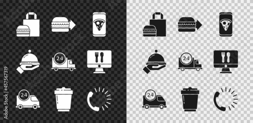 Set Online ordering burger delivery, Food pizza, Fast by car, Coffee cup to go, Covered with tray food and icon. Vector