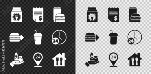 Set Online ordering and delivery, Paper financial check, Round the clock, burger and Coffee cup to go icon. Vector