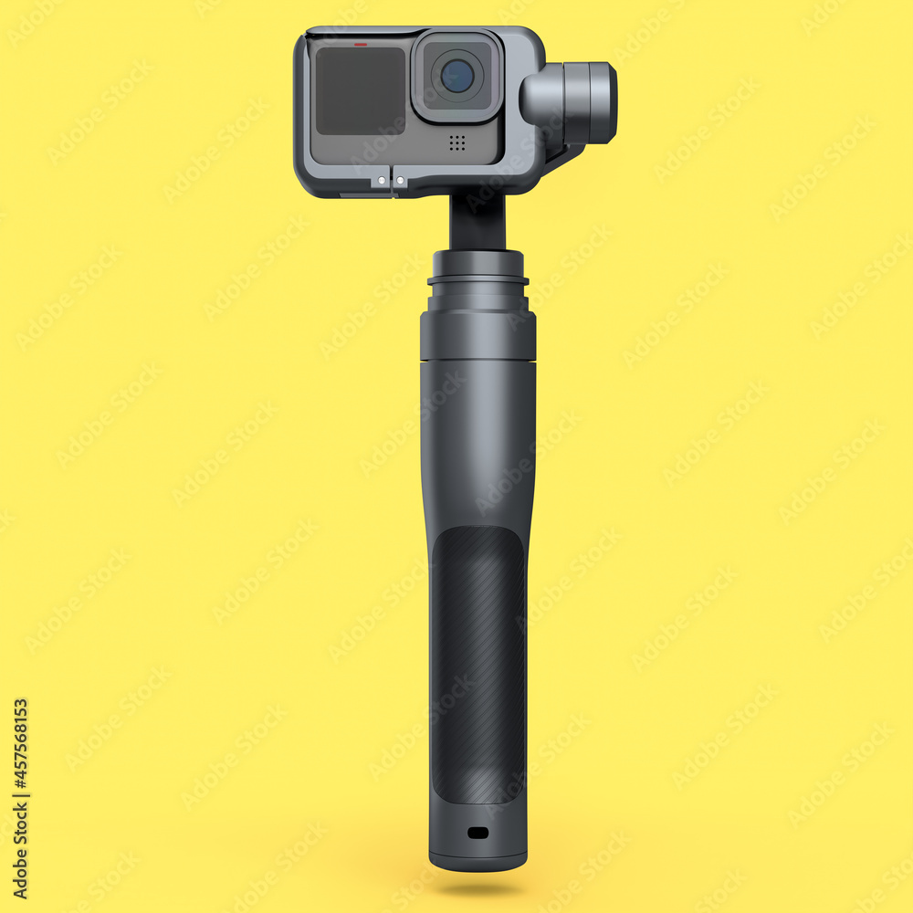 Photo and video lightweight black action camera with steadicam on yellow Photo and video lightweight black action camera with steadicam on yellow