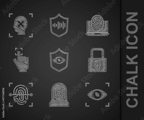 Set Shield eye scan, Motion sensor, Eye, Fingerprint with lock, Laptop fingerprint and Rejection face recognition icon. Vector