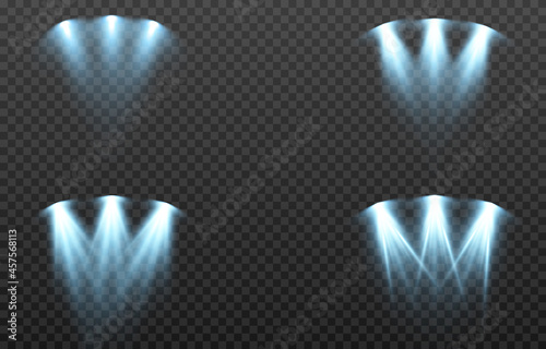 Vector set of light. Light source, studio lighting, walls, png. Blue light. Spot lighting, spotlight PNG. Rays, light effect.