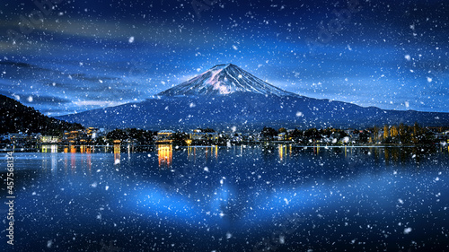 Snow falling at Fuji mountain, Winter season in Japan.