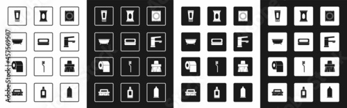 Set Condom in package safe sex, Bar of soap, Bathtub, Tube toothpaste, Water tap, Wet wipe, Handle broom and Toilet paper roll icon. Vector