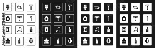 Set Shaving razor, Rubber cleaner, Bottle of shampoo, Toilet bowl, Toothbrush, Bar soap, for cleaning agent and Wet wipe pack icon. Vector