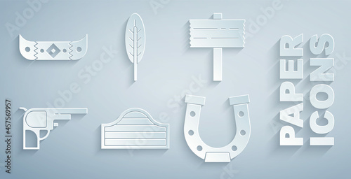 Set Saloon door, Road traffic signpost, Revolver gun, Horseshoe, Indian feather and Kayak canoe and paddle icon. Vector