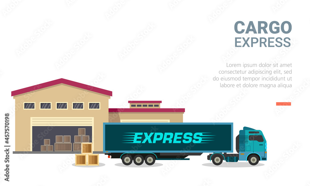 Vector illustration of warehouse and cargo truck. Perfect for design element of express delivery service and cargo shipping website background.