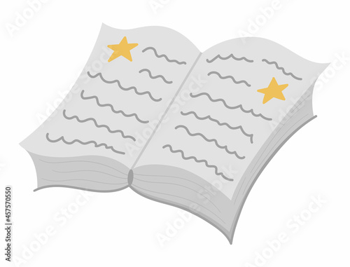 Vector opened book with stars, front view. Back to school or fairytale educational clipart. Cute flat style copybook or spellbook. Blank sheets of paper.