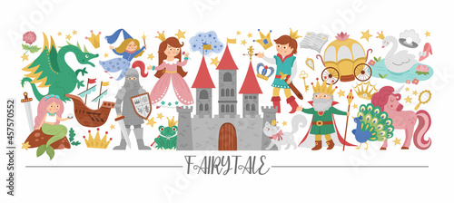 Vector horizontal border set with cute fairy tale characters and objects. Fairytale card template design with princess and prince. Cute fantasy castle or kingdom border with magic elements.