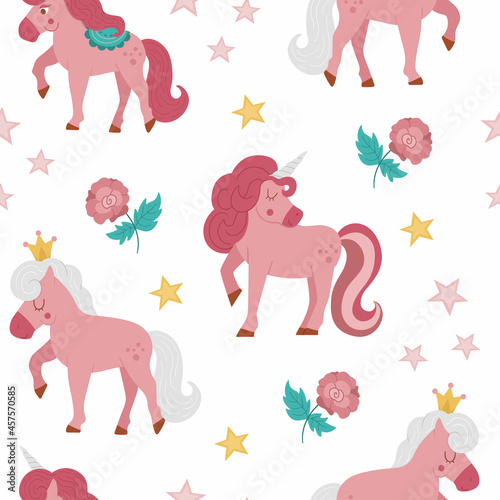 Vector seamless pattern with pink unicorn, rose, stars, crowns. Fairy tale princess repeat background. Girlish cartoon magic texture with fantasy horses and flowers.