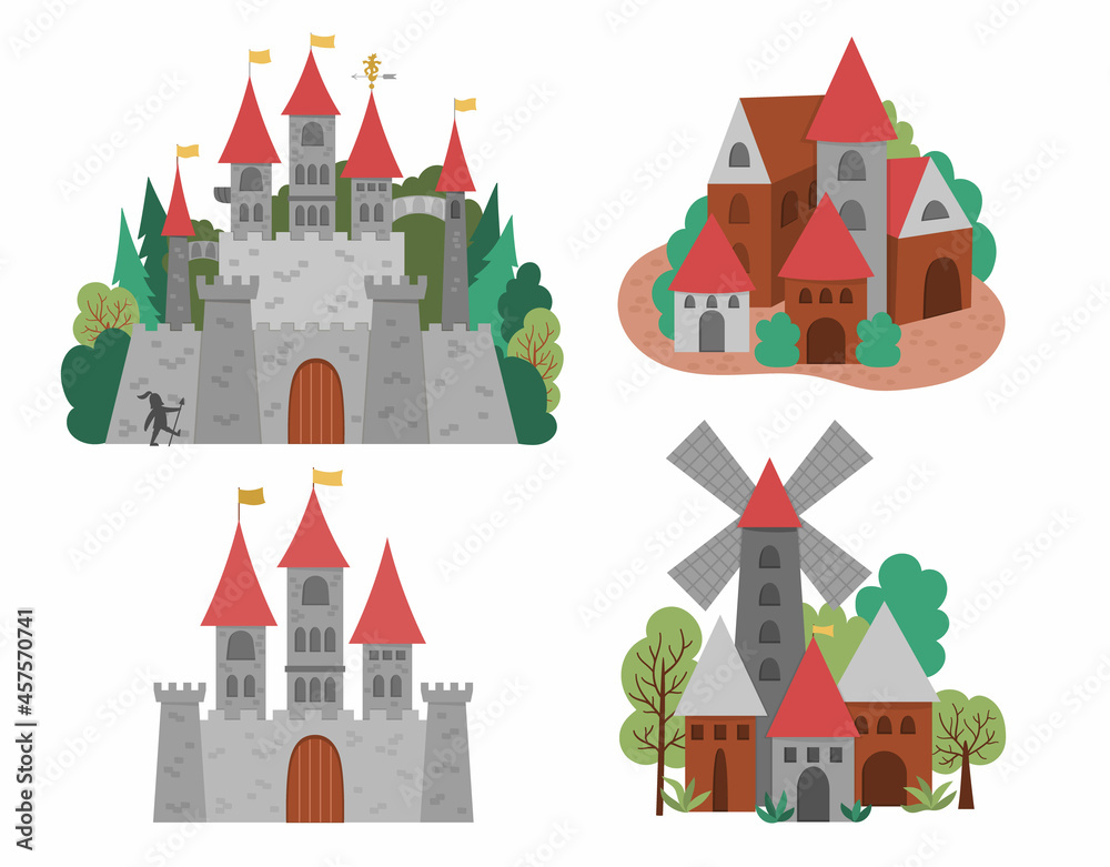 Vector icons set with Medieval castles and villages. Magic kingdom collection. Big medieval stone palace with towers, flags, gates, trees. Stone and wooden buildings. Fairy tale town illustration. - obrazy, fototapety, plakaty 