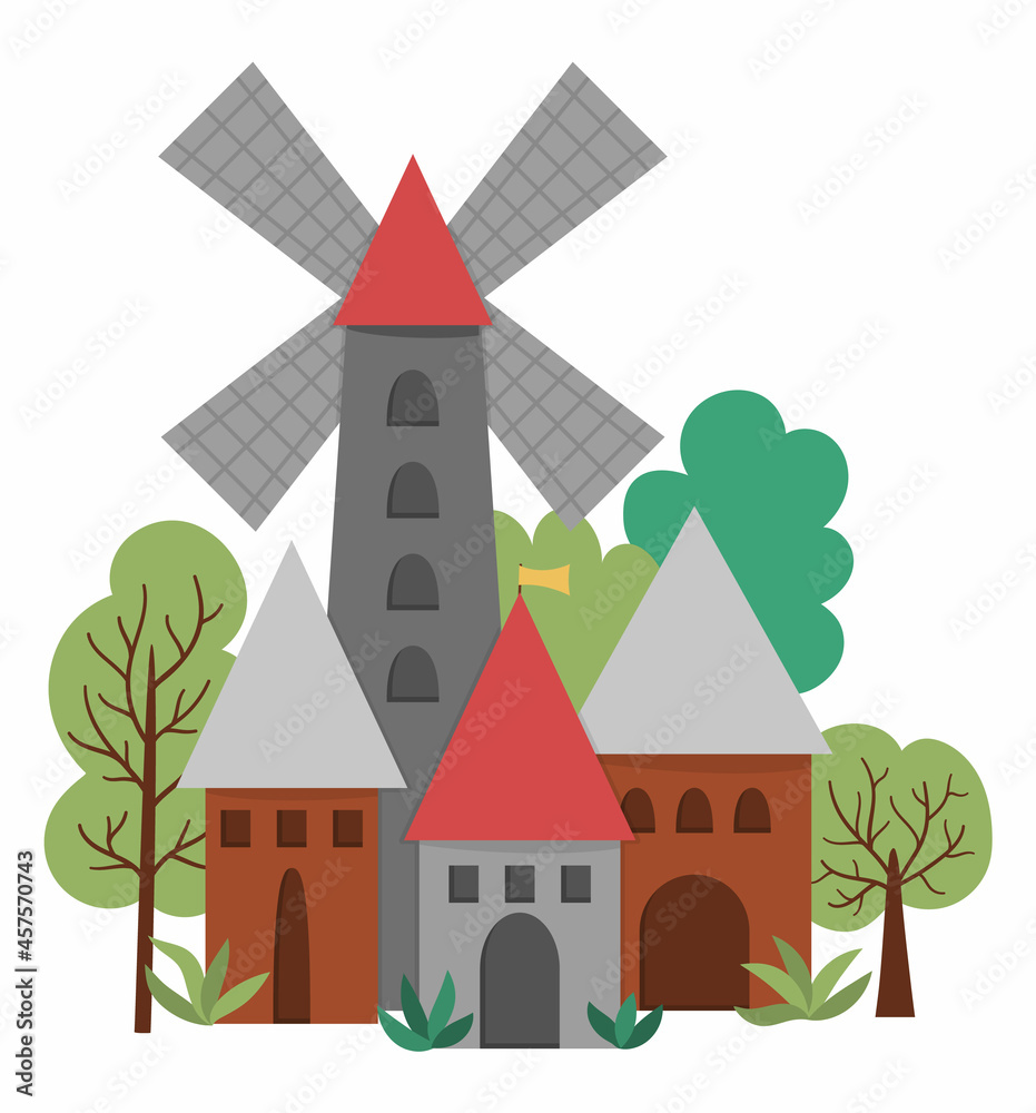 Vector Medieval village icon with windmill isolated on white background. Magic kingdom picture. Stone and wooden building. Countryside with towers, houses, trees. Fairy tale country town illustration.