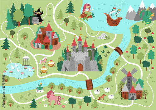 Fototapeta Naklejka Na Ścianę i Meble -  Fairytale kingdom map. Medieval village background. Vector fairy tale castle infographic elements with sea, mountains, forest, ship. Fantasy town plan with unicorn, witch, mermaid, dragon, frog prince