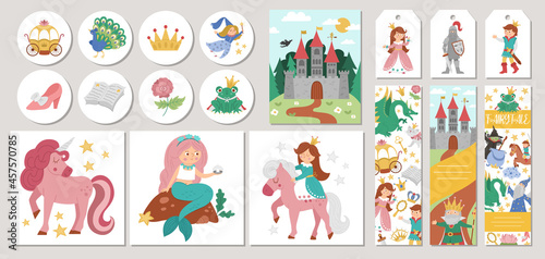 Cute set of Fairytale cards with princess, unicorn, castle, prince. Vector fairy tale square, round, vertical print templates. Fantasy storybook design for tags, postcards, ads. © Lexi Claus