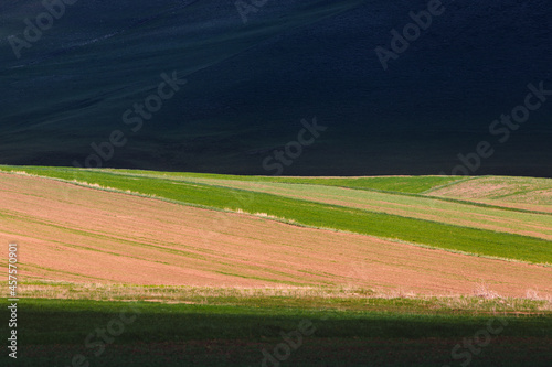 a plowed agricultural field with fresh young spring grass. A narrow strip of light illuminates the hill.
