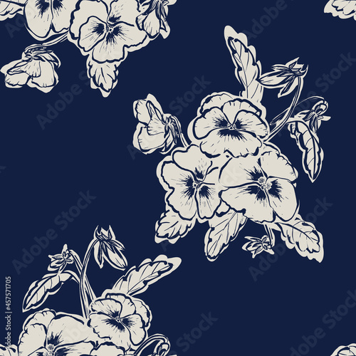Hand drawn floral seamless floral pattern with bouquets of pansy flowers on dark blue background.
