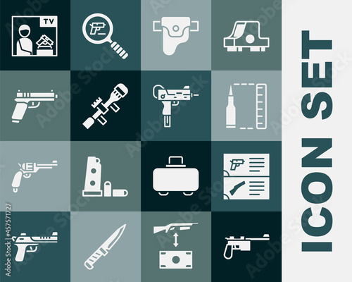 Set Mauser gun, Weapon catalog, Bullet, Gun in holster, Sniper optical sight, Pistol or, Advertising weapon and UZI submachine icon. Vector